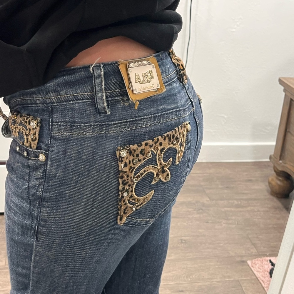 Grace in LA Women's Blue Jeans with Leopard Accents